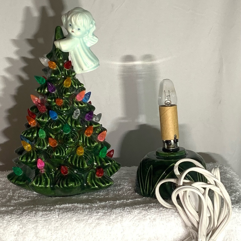 70/80’s Handmade Ceramic Green  Christmas Tree with Angel Accent